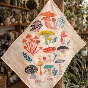 Dream Folk Mushroom Linen Tea Towel Cottagecore Kitchen Decor